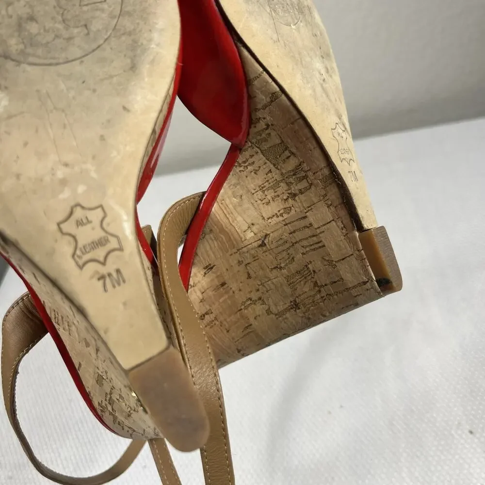 Tory Burch Red‎ Patent Leather Cork Wedge Ankle Strap Peep Toe Sandals size 7 M
